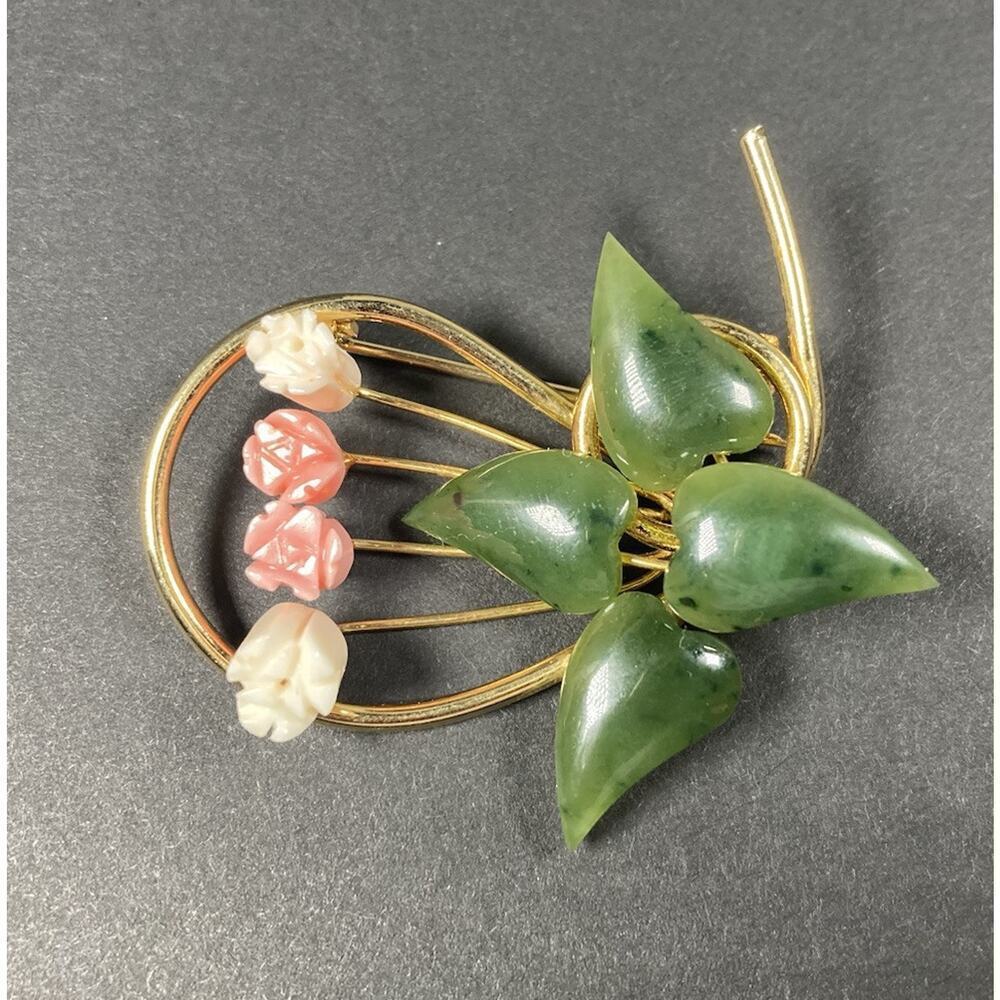 Vintage Faux Jade & Coral White Carved Rose Buds Gold Tone Pin Brooch
